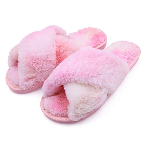 Womens Fuzzy Slippers（Gradient Pink）Ehoomely