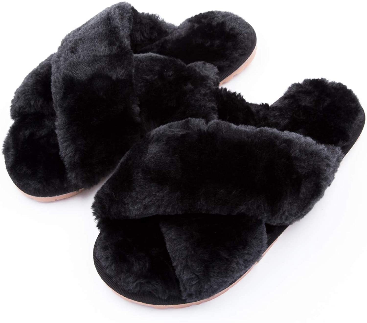 fluffy slippers black