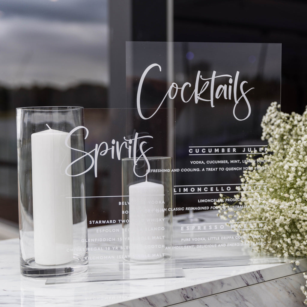 clear acrylic wedding bar menu, clear acrylic wedding cocktail sign