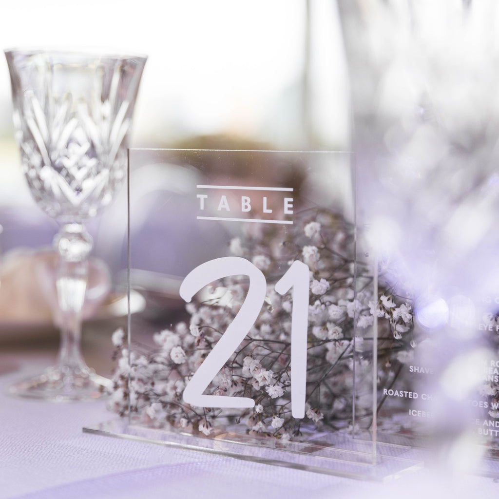 acrylic wedding table number, clear acrylic with white ink