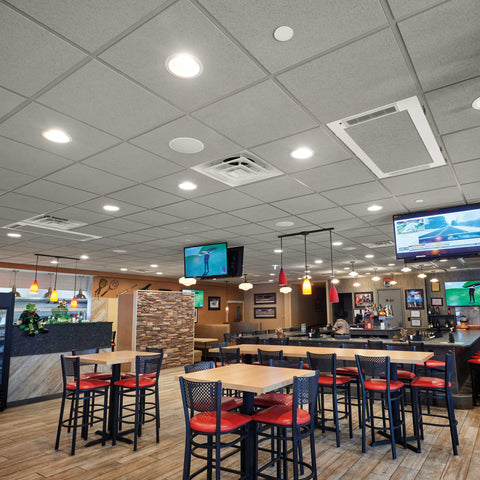 Restaurant with grey ceiling