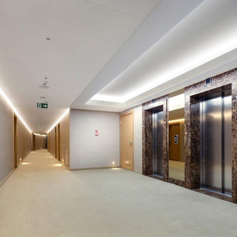 Lobby with mineral fiber ceiling