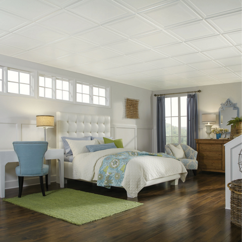 Bedroom with Classic Coffered Ceiling Tiles
