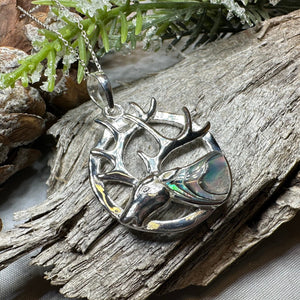 Stag Necklace, Scotland Jewelry, Celtic Jewelry, Anniversary Gift, Deer Pendant, Nature Jewelry, Animal Jewelry, Abalone Jewelry, Pagan Gift