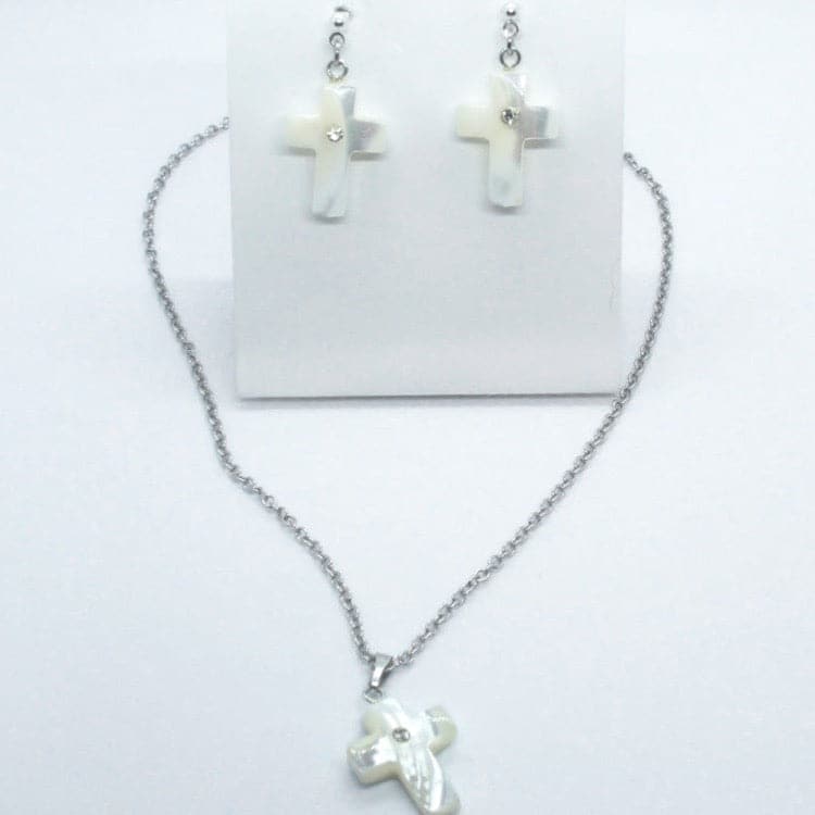 Olive Wood and White Mother of Pearl Cross Necklace