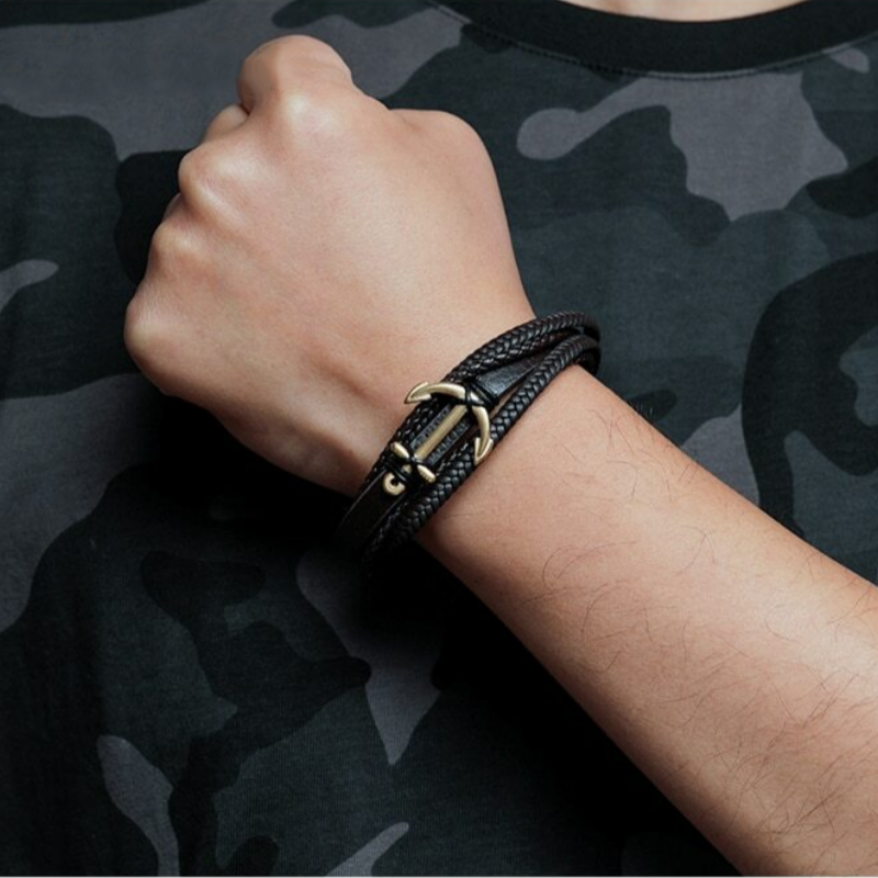 Men's fashion streetwear with multi-layer leather anchor bracelet, including jackets, suits, shorts, shoes, big watches, and oversized zip hoodies12