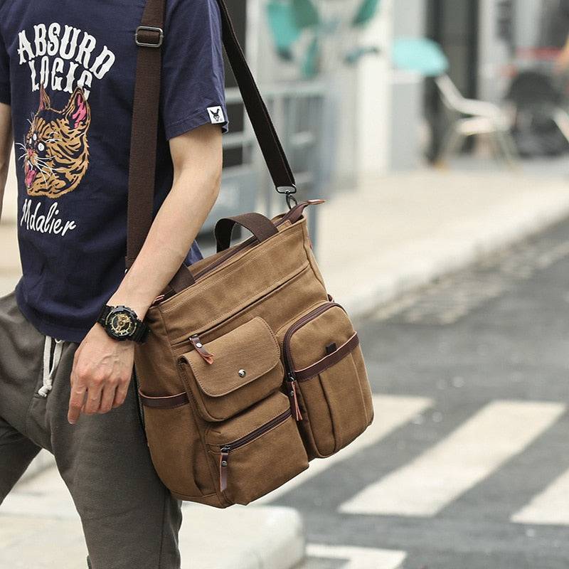 Casual versatile canvas bag with men's fashion items including clothing, jackets, suits, shorts, shoes, big watches, oversized zip hoodies, and streetwear2