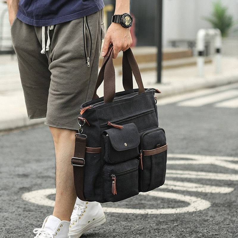Casual versatile canvas bag with men's fashion items including clothing, jackets, suits, shorts, shoes, big watches, oversized zip hoodies, and streetwear21