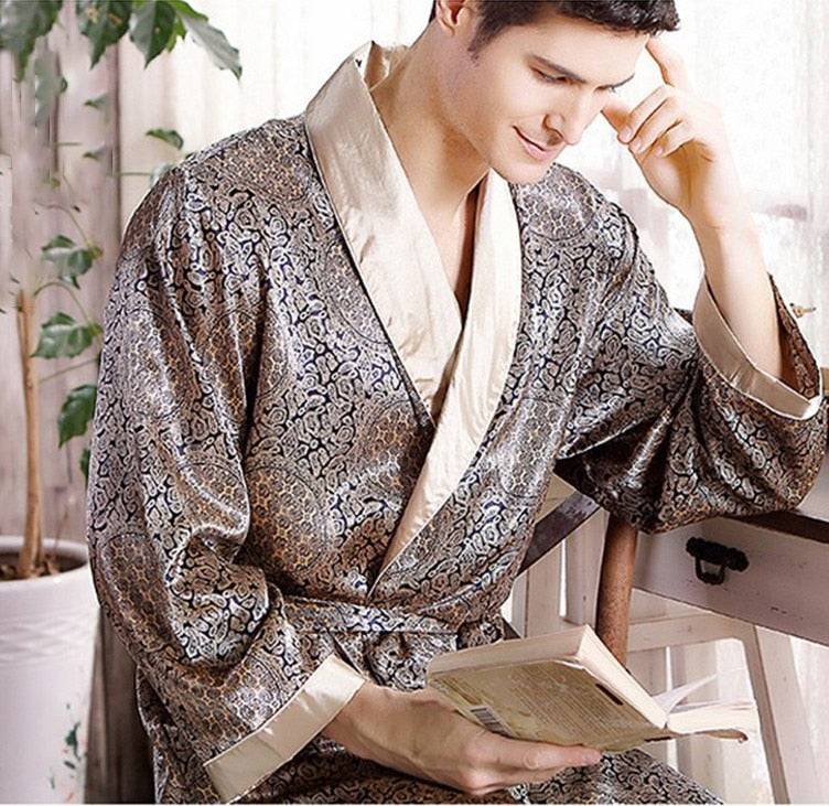 Men's fashion including clothing, jackets, suits, shorts, shoes, big watches, oversized zip hoodies, and streetwear with a satin kimono bathrobe for sleepwear0