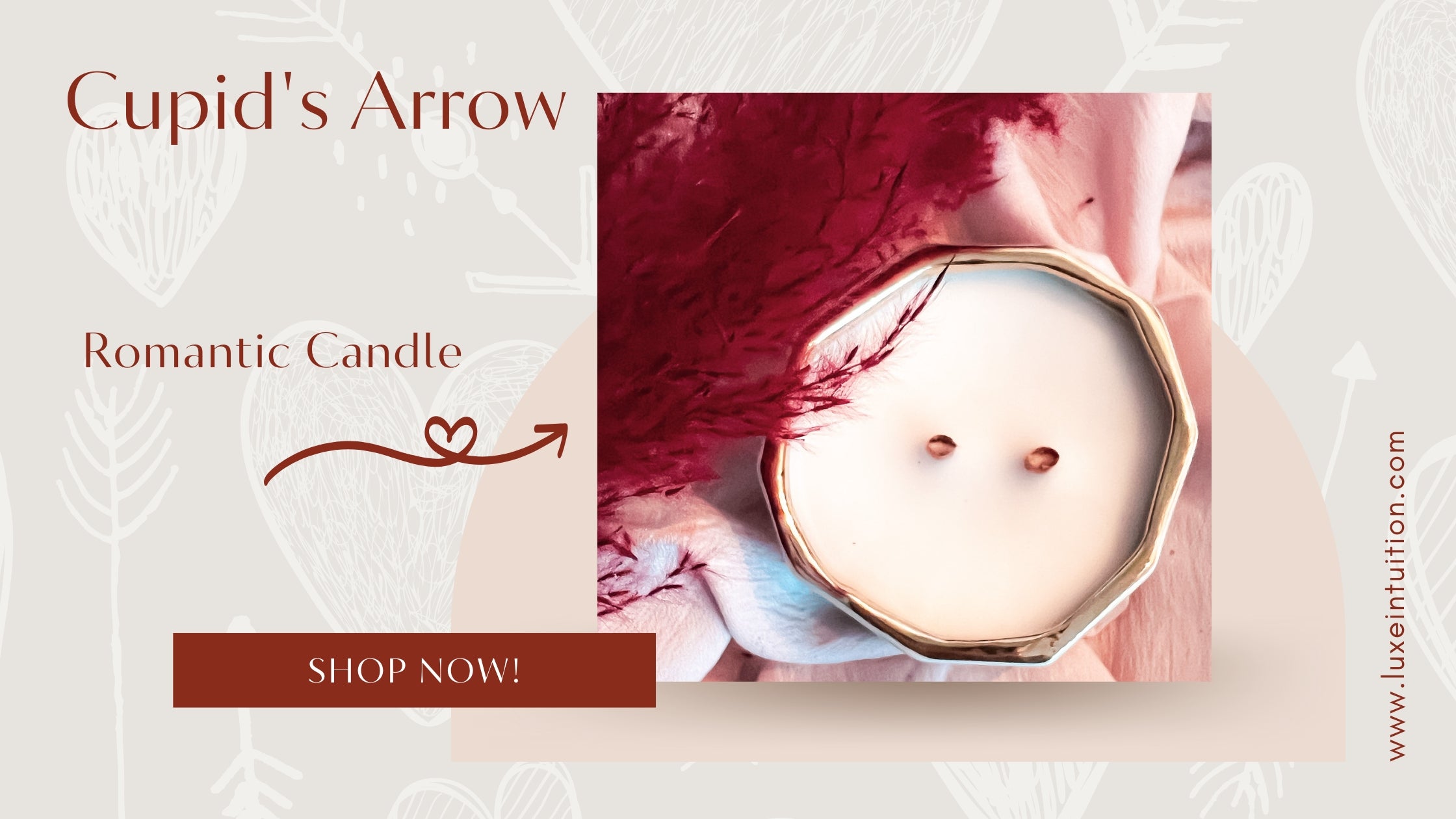 Romantic Candle - Scent is Cupid's Arrow inside a ceramic white candle vessel with metallic gold finish inside.