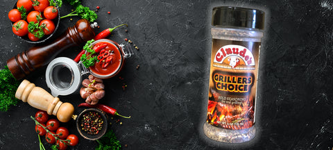 A variety of spices and seasonings with Claude's Grillers Choice 