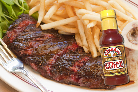 Claude's Sauces Thick & Rich Steak Sauce and a cooked hanger steak