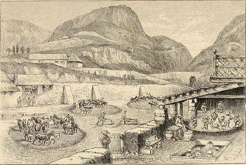 Artist rendering of silver mining in old Mexico