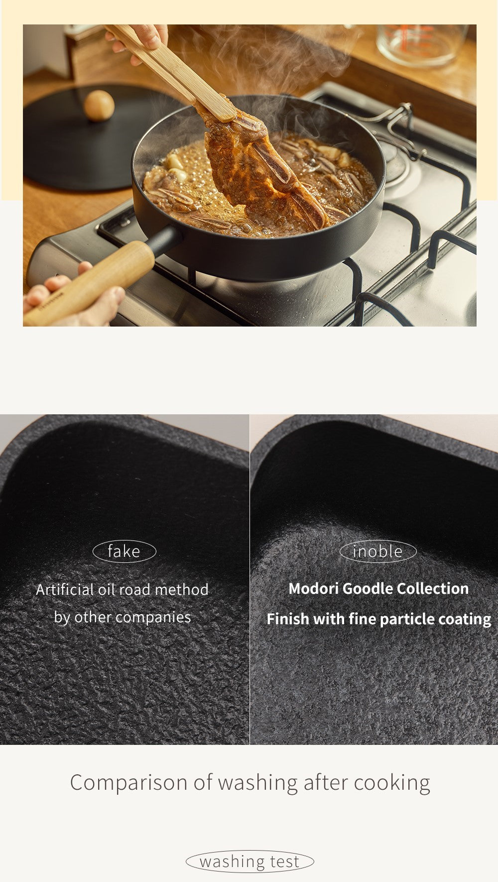 Modori Goodle Collection 24cm frying pan, you can additionally purchase the 24cm frying pan lid that is specially designed to match this frying pan if needed. The wider surface is designed to cook just about anything without worrying about ingredients slipping out of the pan, from frying fish and pasta to cooking steak, it's just perfect for everyday use. The Modori Goodle Collection is a brand new collection with clean lining and neat design, a black body and a wooden handle for a warm and contemporary feel, combines all the advantages of coated cookware, stainless steel cookware, and cast iron cookware, ideal for long-term durability performance. In this collection, we used a special Inoble coating patented oil method that enhances the non-stick effects and makes it easier to clean after use and requires minimal maintenance. It has the same heat retention effect as cast iron and is suitable for cooking with various stoves, such as gas stoves, induction cookers (except ferromagnetic induction cookers), ceramic cookers, and heating plates.
