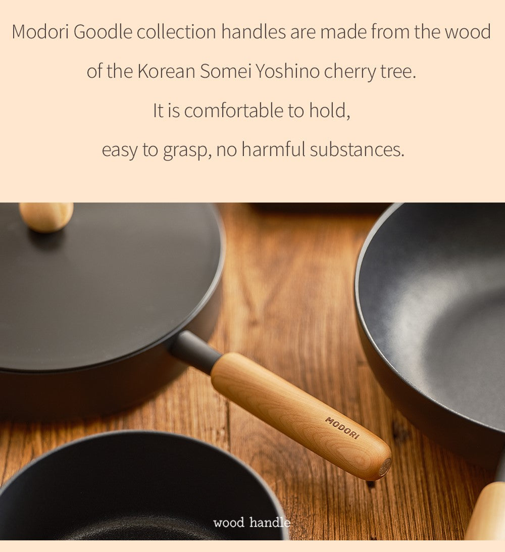 Modori Goodle cookware collection has a practical design and minimalist colours that will suit any kitchen. Modori is the key to designing your dream kitchen. Special Inoble coating patented oil method that enhances the non-stick effects and makes it easier to clean after use and requires minimal maintenance. It has the same heat retention effect as cast iron and is suitable for cooking with various stoves, such as induction cookers.