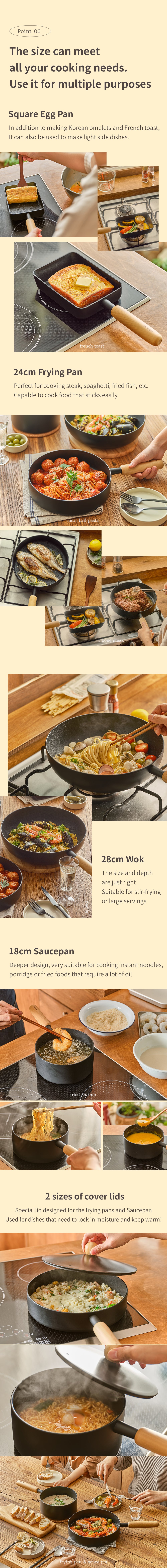 Modori Goodle Collection 28cm wok is the best-selling size in the goodle range, it is capable of handling large portions of ingredients, and with its large surface and deep design, you can easily flip and stir your ingredients, perfect for stir-frying and large servings. Special Inoble coating patented oil method that enhances the non-stick effects and makes it easier to clean after use and requires minimal maintenance. Suitable for cooking with various stoves.