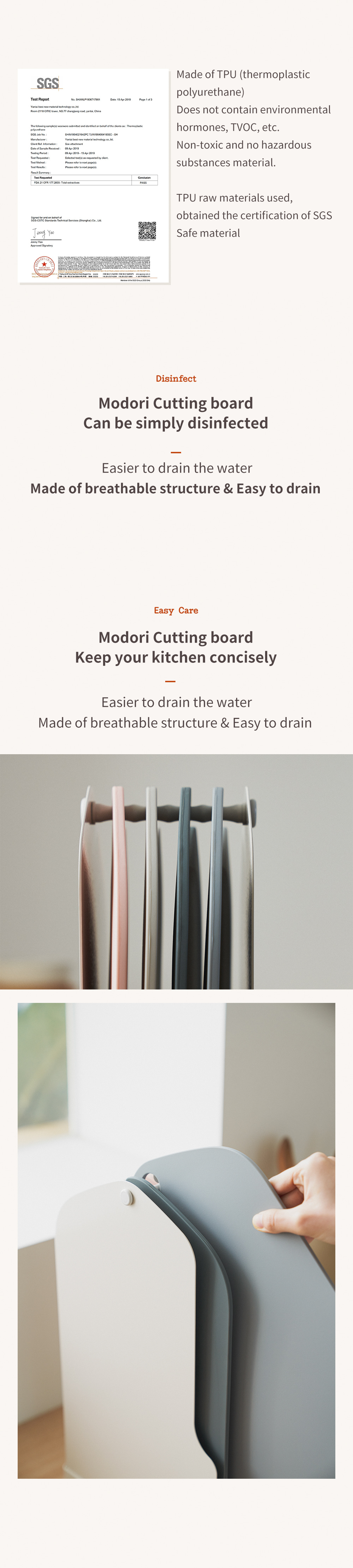 Modori Cutting Board Set (4 Colours) Non-toxic TPU Flexible Scratch Resistant Cutting Board. TPU cutting board is scratch-resistant and has low maintenance. It has an anti-slippery surface preventing food from clicking. | BPA Free, Eco-Friendly | SGS Safety, Quality Approved, Made in Korea | Easy to wash and clean - just pour boiled water and dry | Less knife marks, flexible, great abrasion and durability. Modori cookware collection features functional designs and minimalist colours that will fit in any kitchen. Modori is the key to designing your dream kitchen.