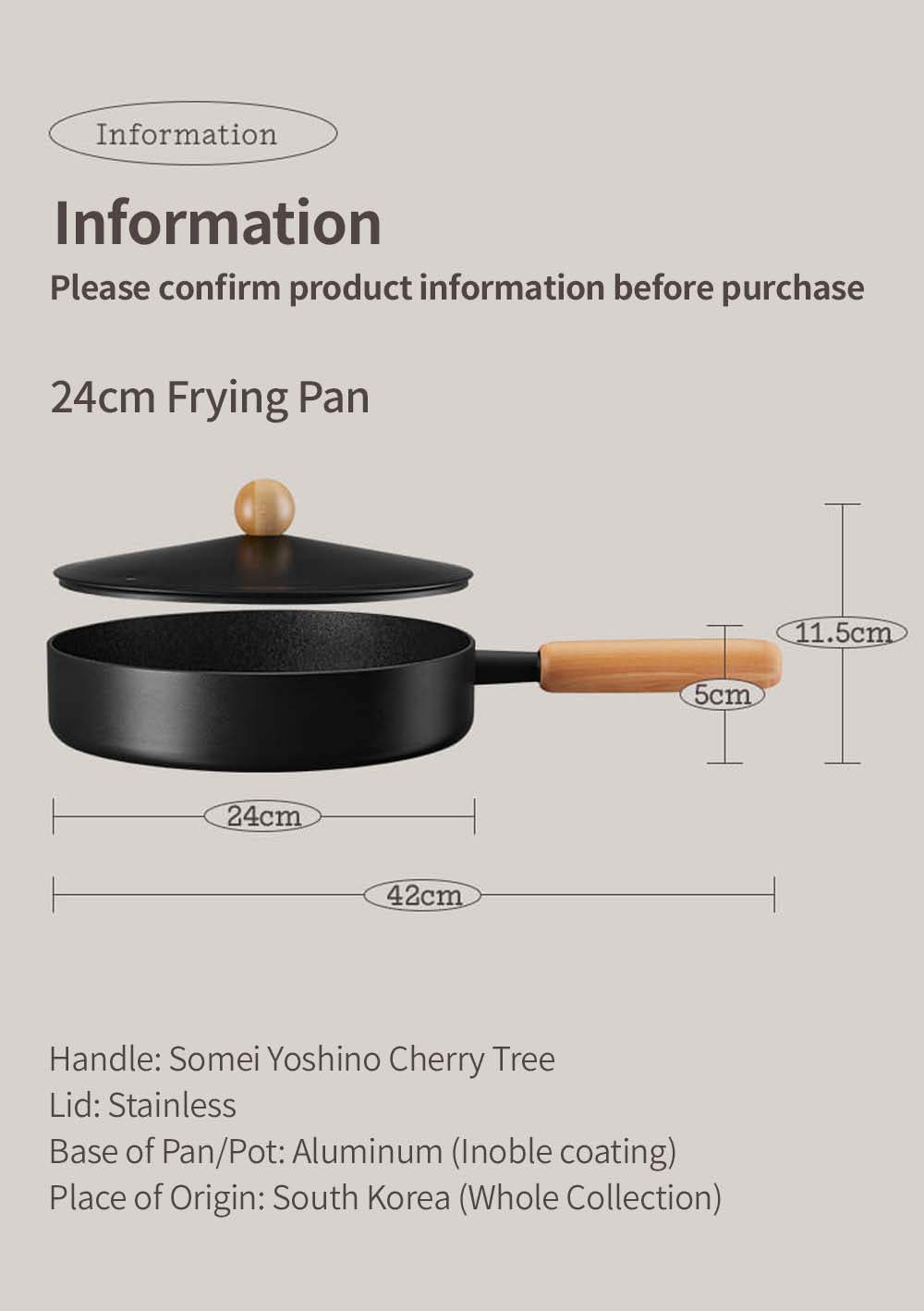 Modori Goodle Collection 24cm frying pan, you can additionally purchase the 24cm frying pan lid that is specially designed to match this frying pan if needed. The wider surface is designed to cook just about anything without worrying about ingredients slipping out of the pan, from frying fish and pasta to cooking steak, it's just perfect for everyday use. The Modori Goodle Collection is a brand new collection with clean lining and neat design, a black body and a wooden handle for a warm and contemporary feel, combines all the advantages of coated cookware, stainless steel cookware, and cast iron cookware, ideal for long-term durability performance. In this collection, we used a special Inoble coating patented oil method that enhances the non-stick effects and makes it easier to clean after use and requires minimal maintenance. It has the same heat retention effect as cast iron and is suitable for cooking with various stoves, such as gas stoves, induction cookers (except ferromagnetic induction cookers), ceramic cookers, and heating plates.