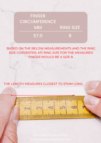 Measuring ring circumference length with ruler to find ring size