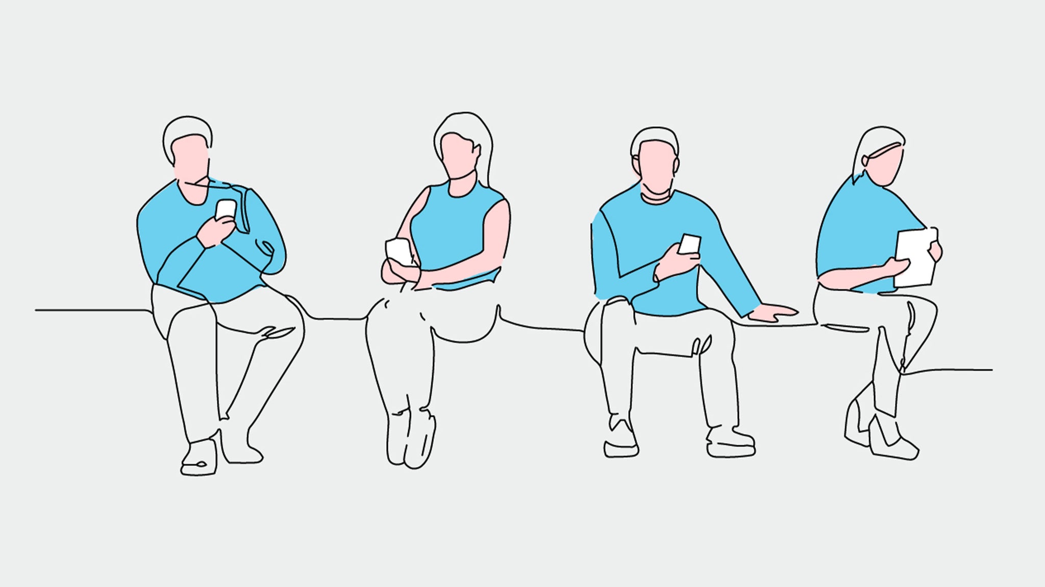 Illustration with single line of people connected to their devices.