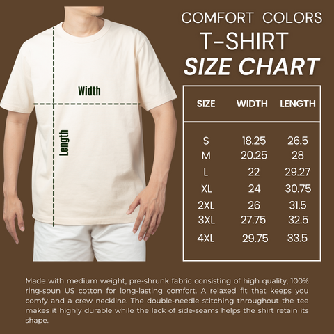 Men't Comfort Color T-Shirt Size Chart for Beach Babe Guys T-Shirt