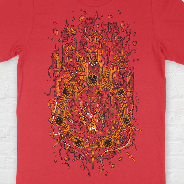 Close up of red Circle of Fate t-shirt, our first Fantasty Tabletop RPG T-shirt