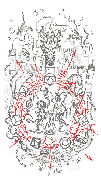 Sketch artwork of the Circle of Fate Tabletop RPG T-shirt design in progress.