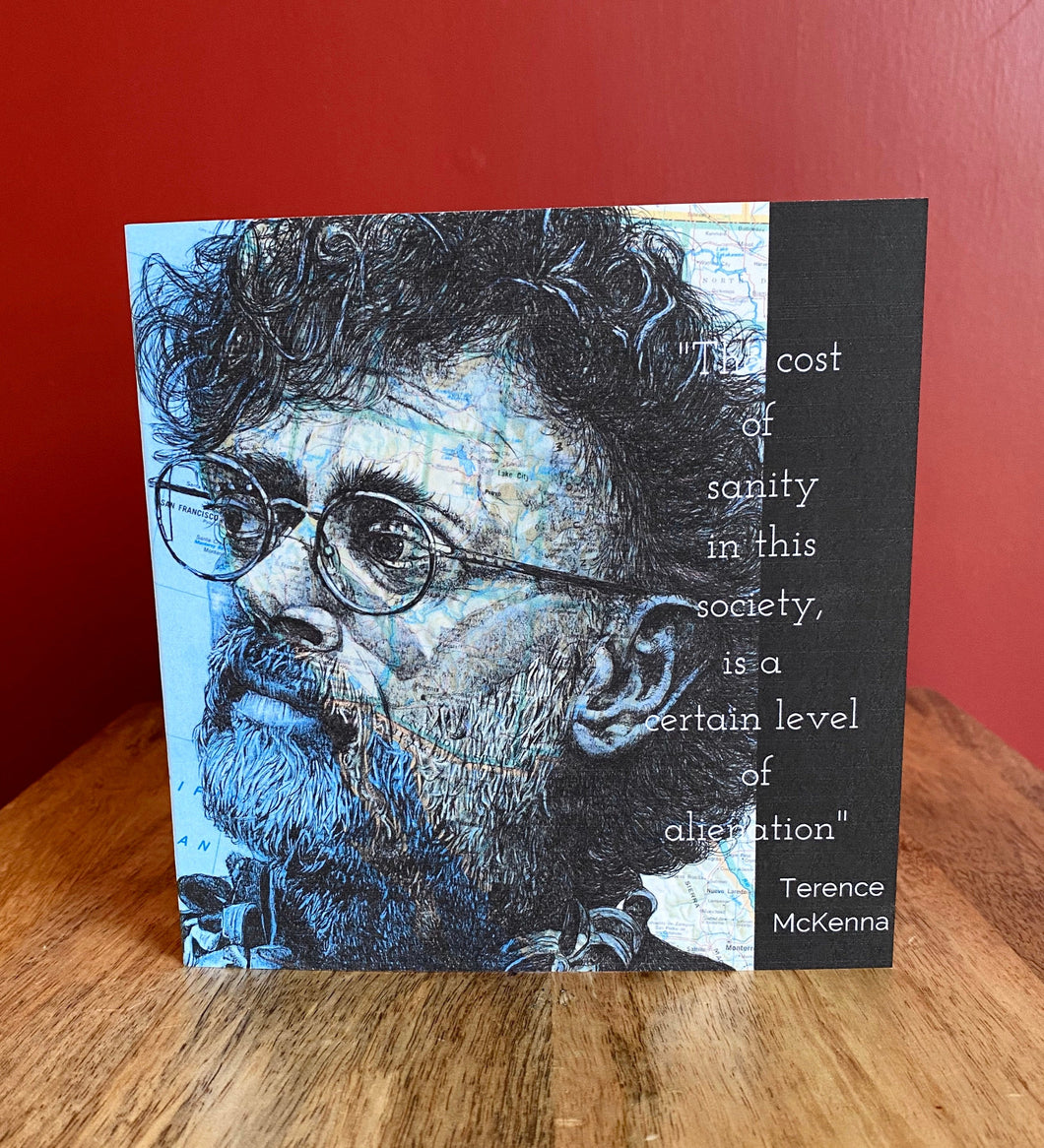 Terence McKenna Greeting Card. Printed drawing over map of California. Blank inside