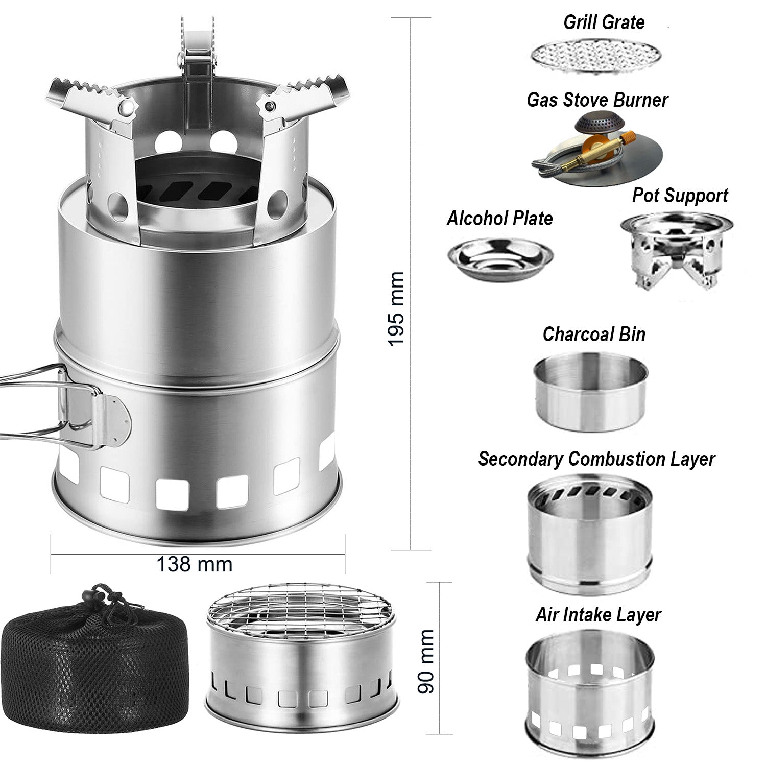 Bestargot Portable Folding Wood Burning Stove, Stainless Steel, for Solo Camping, Hiking, Backpacking, Fueled by Wood, Charcoal, GAS