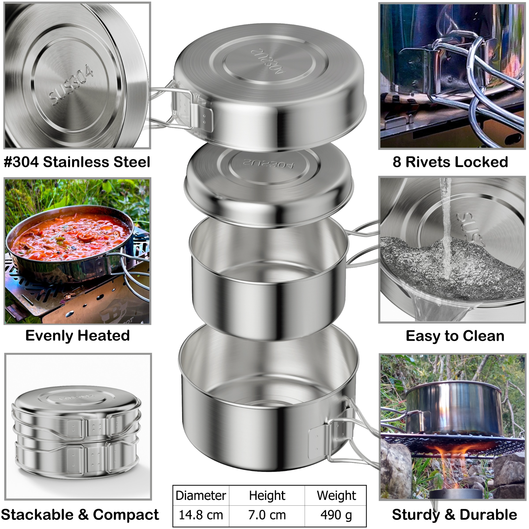 NEW! Camping Cookware Set 304 Stainless Steel 8-Piece Pots & Pans - Wealers