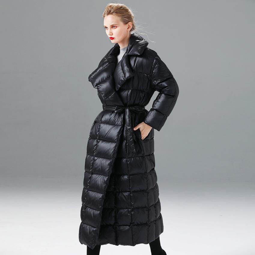 ankle length down coat with hood