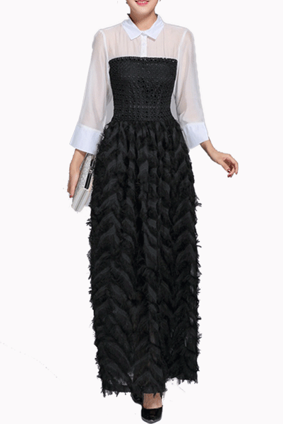 Gatsby Long Sleeves Crochet Fringe Maxi Dress