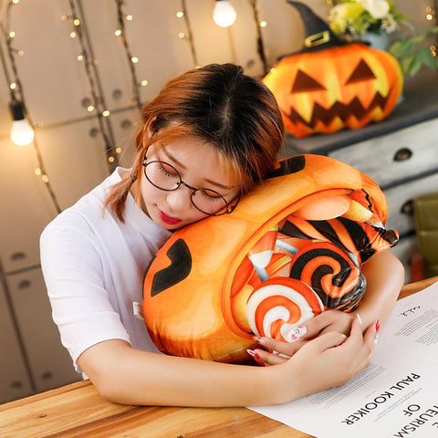girl hugging cute pumpkin plush pillow