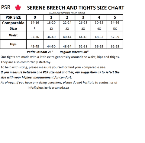 Serene Breech and Tights size chart