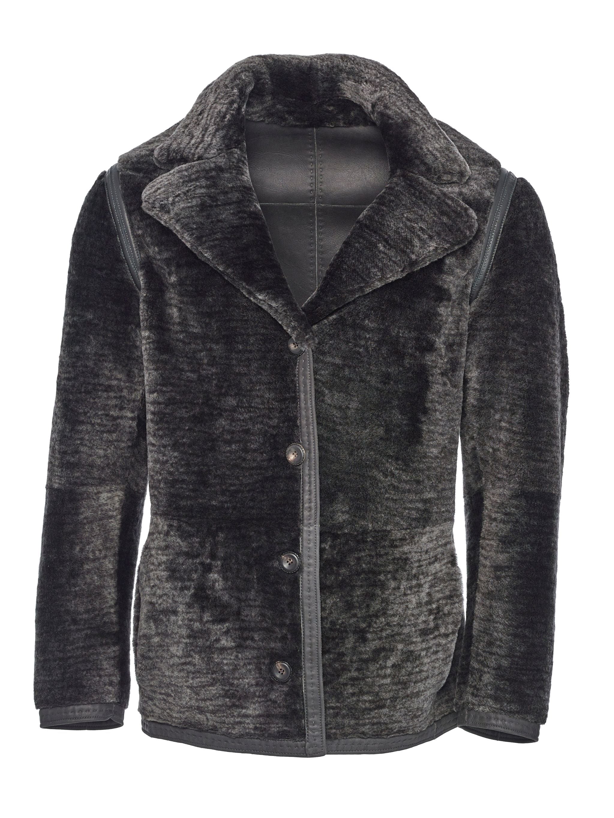 Reversible Spanish Lancon shearling with 4-artery track stitched nappa seams and horn buttons