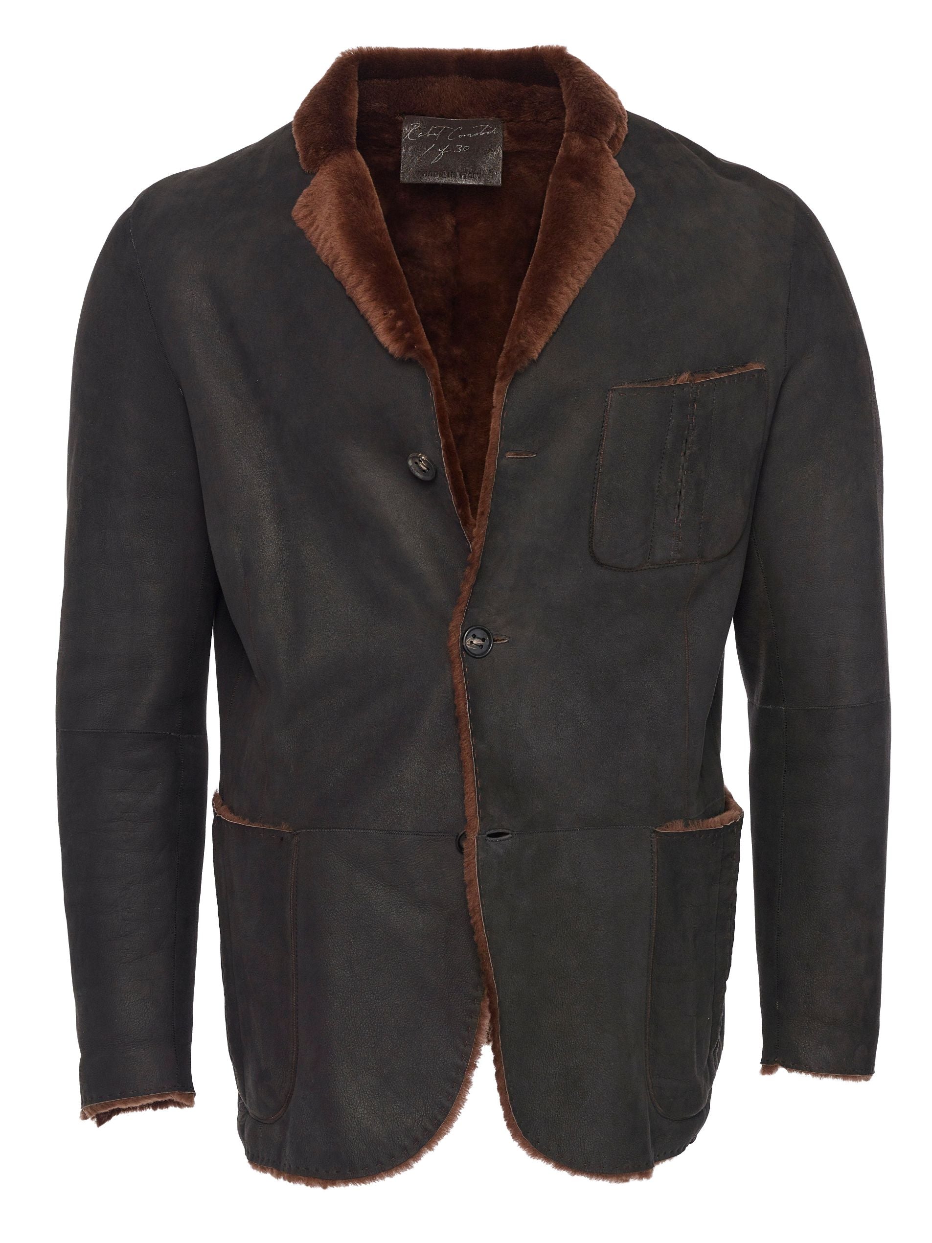 Spanish Lancon featherweight shearling blazer with raw cut seams - double back vents - breast pocket and horn buttons 