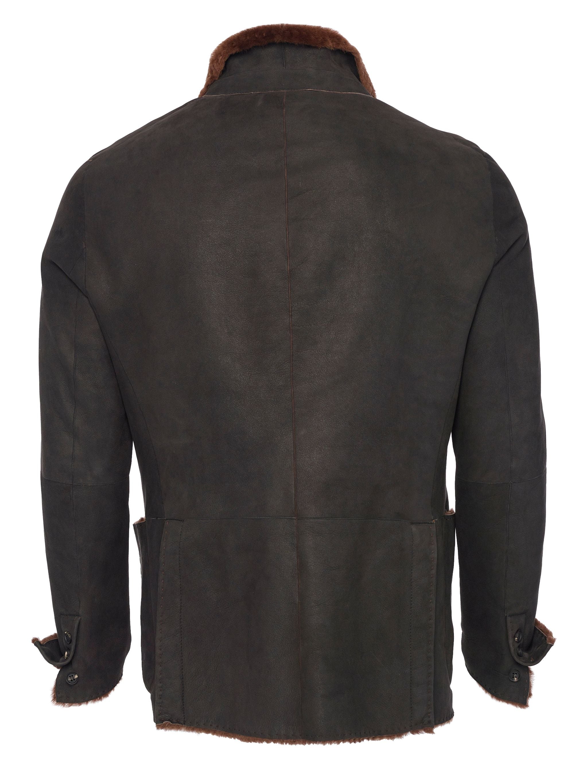 Back view Spanish Lancon featherweight shearling with raw cut seams and double back vents