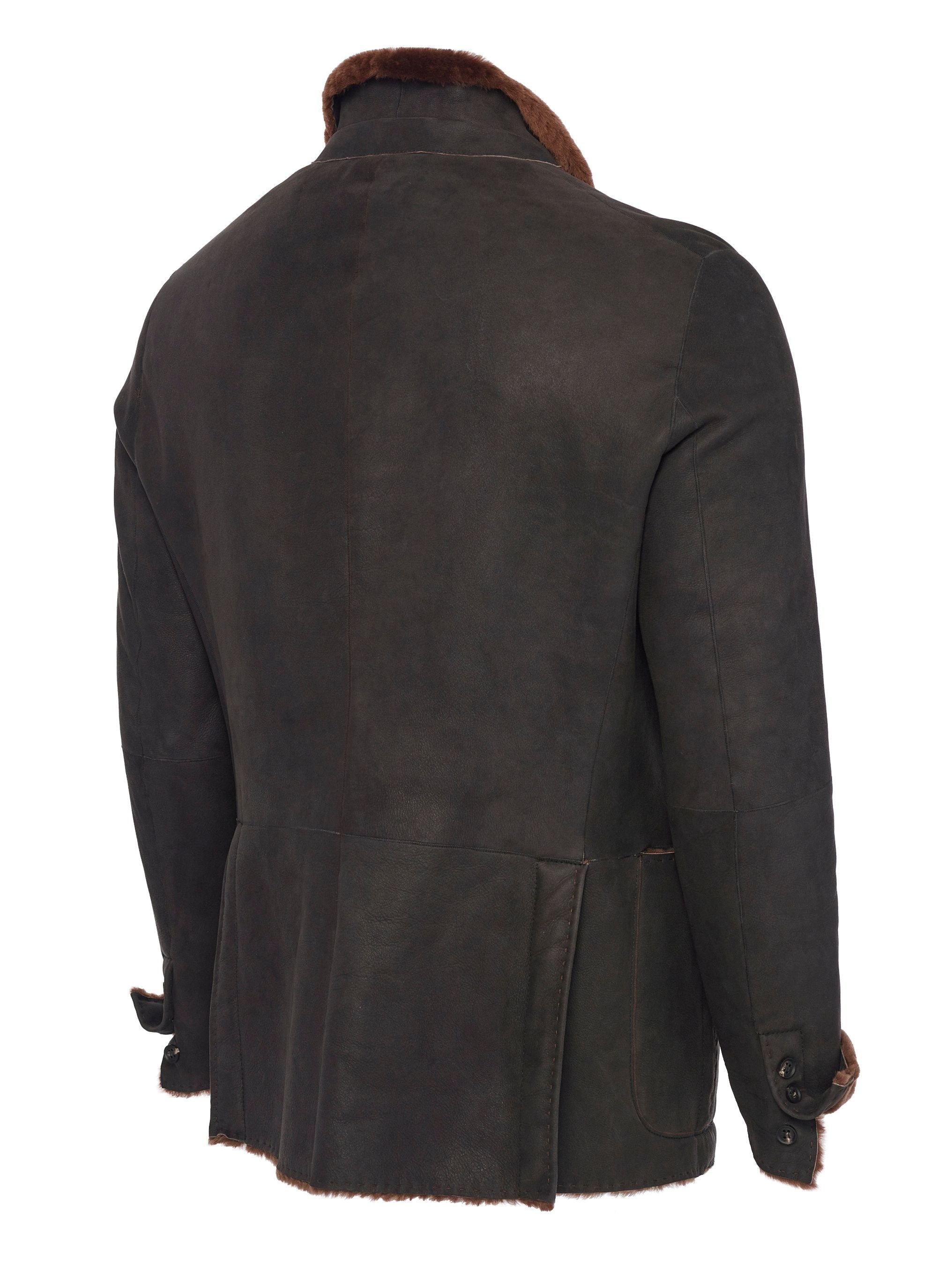 Side view Spanish Lancon featherweight shearling with functioning surgeon cuffs and double back vents