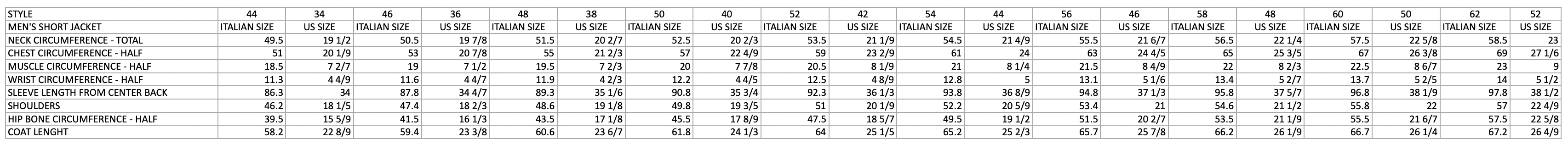 product sizing chart