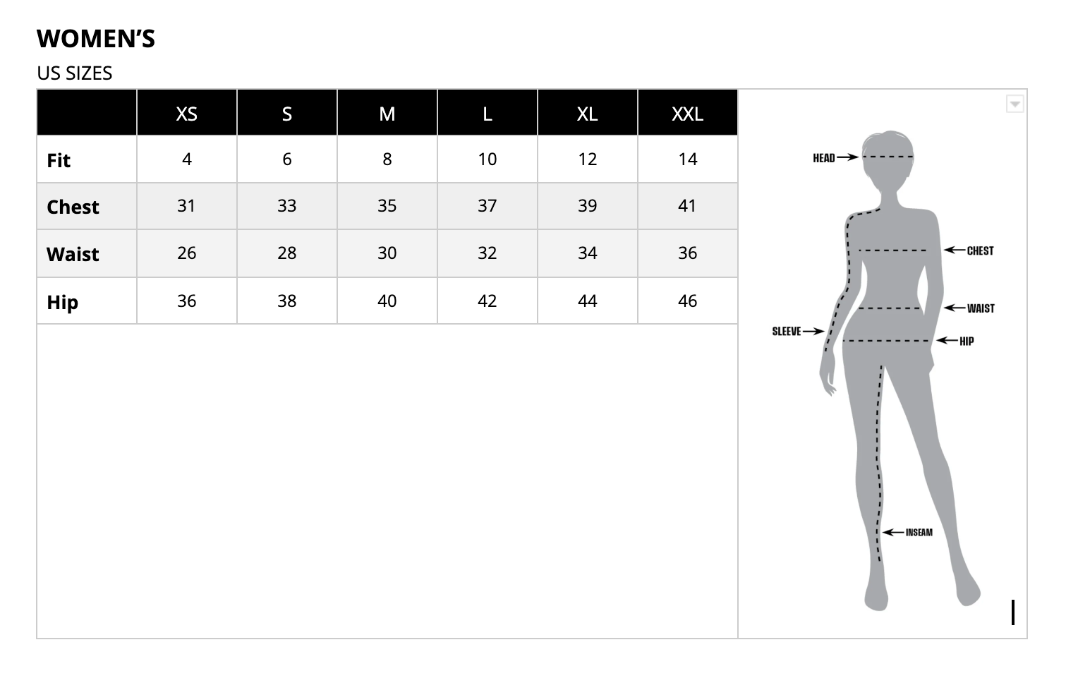 product sizing chart