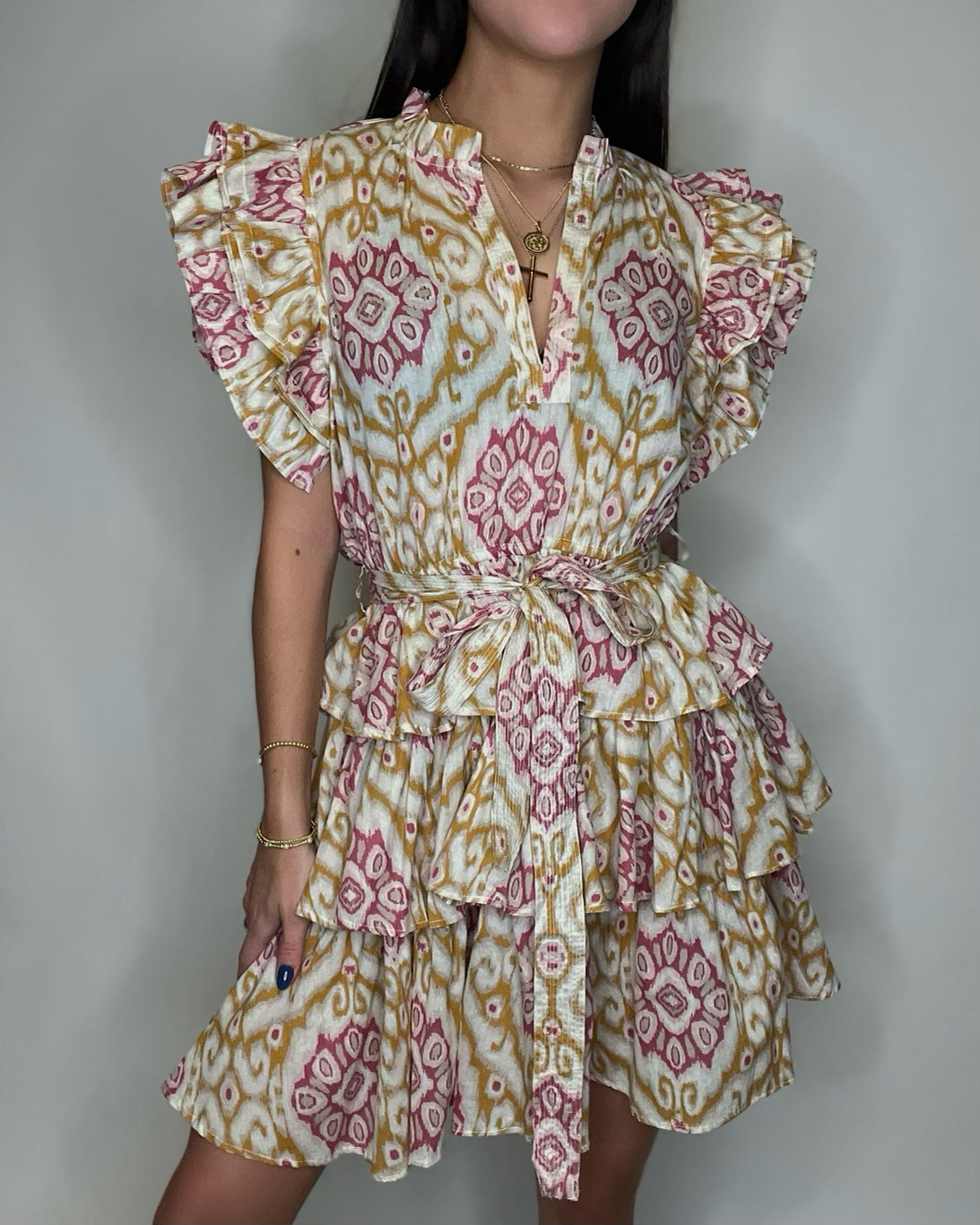 Gold Ikat Print Swing Dress