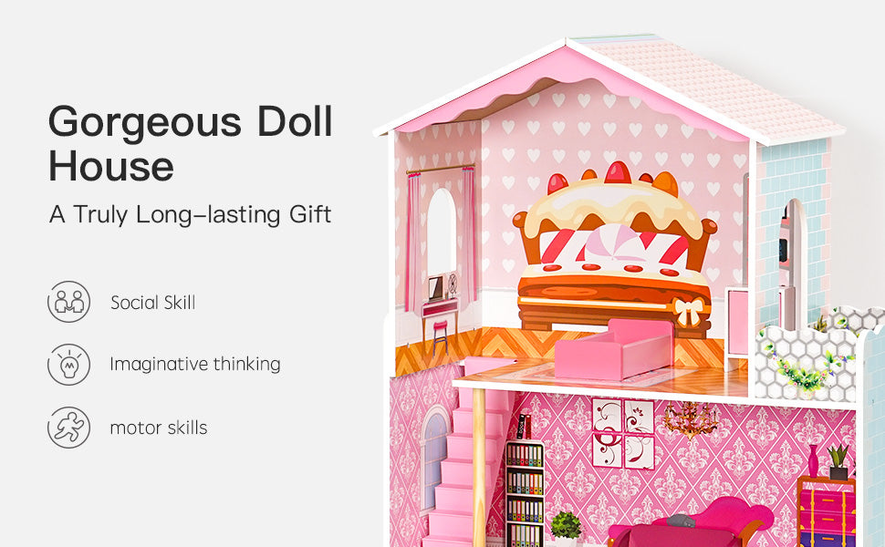 Large Dreamy Wooden Dollhouse Kit Playset Pretend Play For kids Barbie Dreamhouse