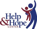 Logo of Help & Hope Center with two silhouettes, one larger and one smaller, on a blue background.