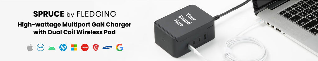 Blank Spruce Charger with text marker "Your Brand Here" on the wireless pad.