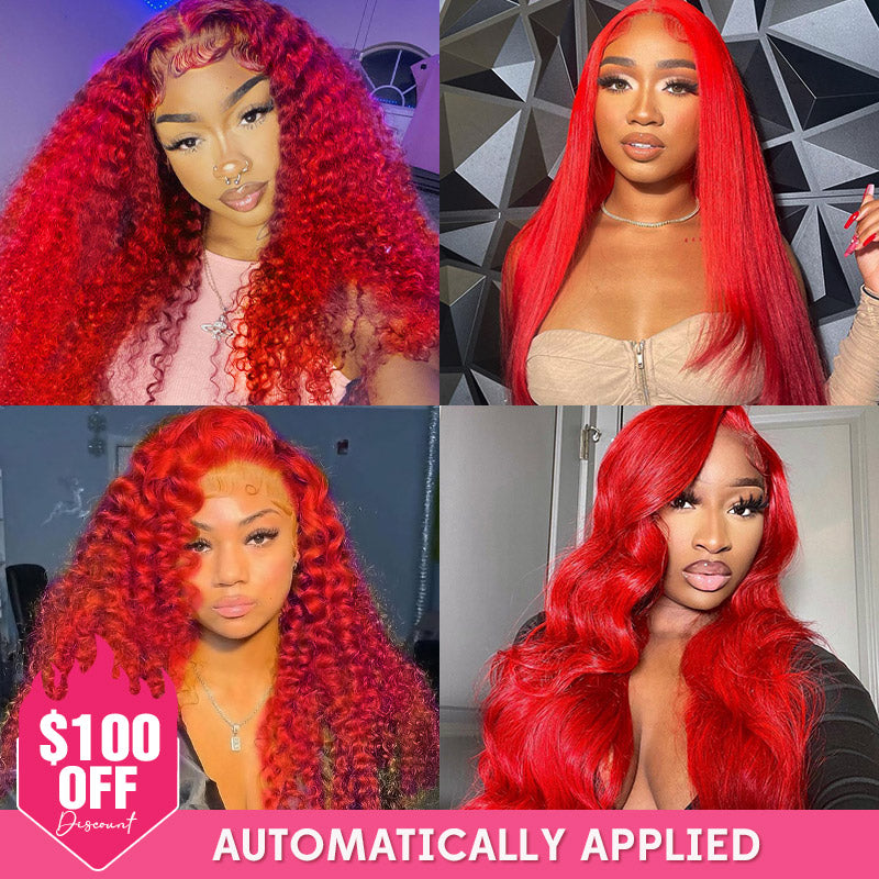 [$100 OFF Deal] Red Color Straight/Body Wave Glueless 13×4 Transparent Lace Frontal Wigs 180% Density - Hairinbeauty product image