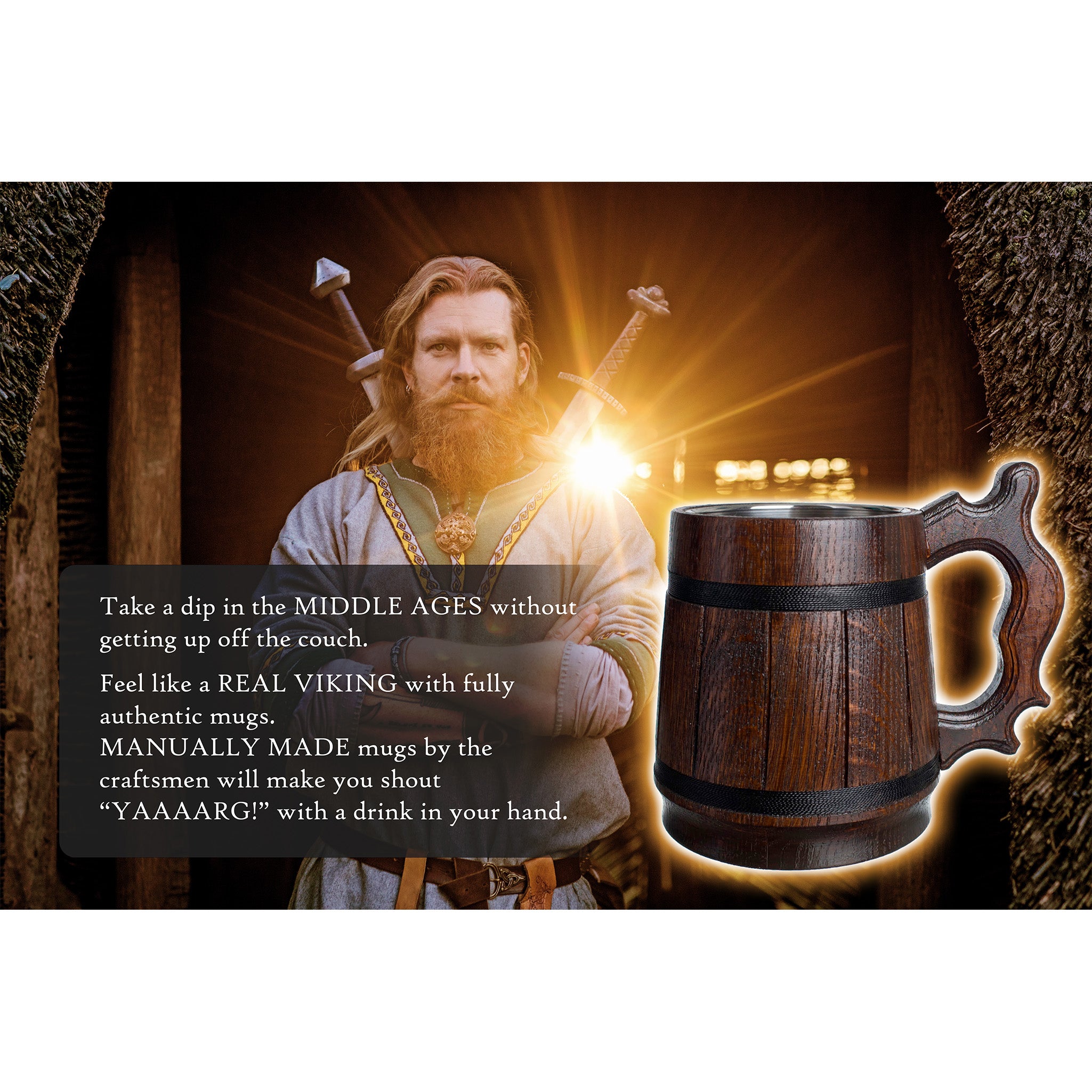 Teslyar Wooden Beer Mug Set. Handcrafted. Made from Oak Wood. Medieval and Viking Design.