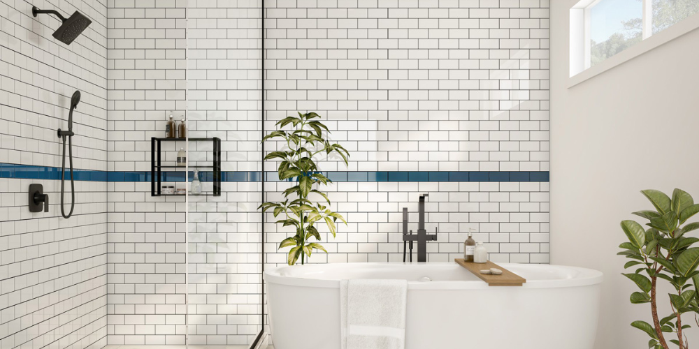 3x6 white subway tile bathroom with blue subway tile stripe