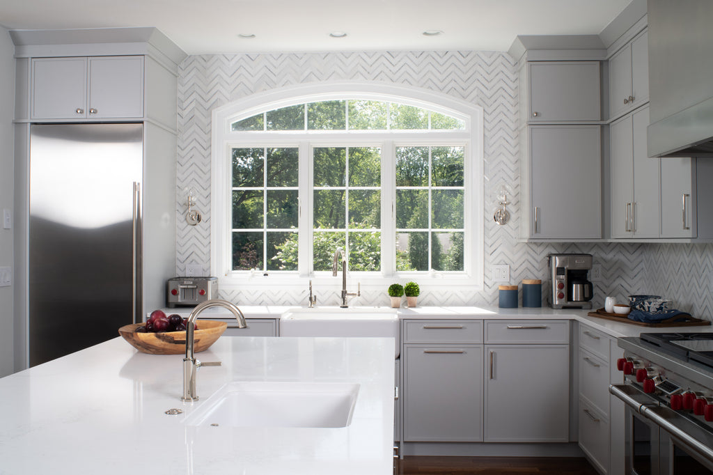 White herringbone backsplash