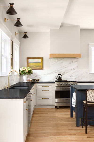 White marble slab backsplash kitchen