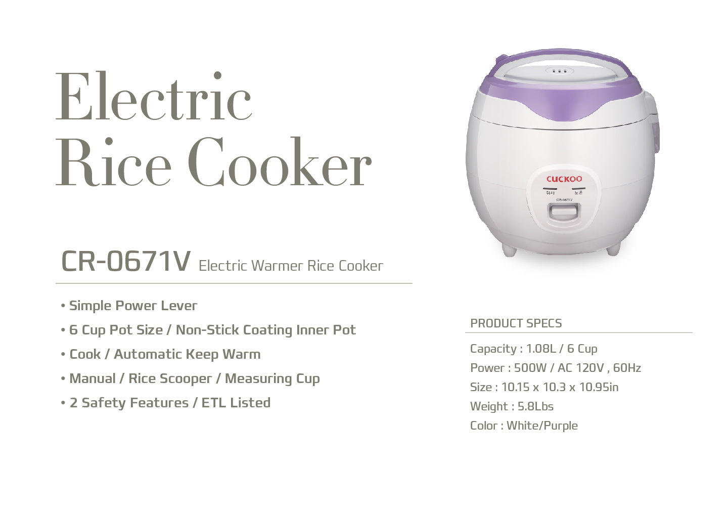 CR-0671V 6 Cup 110V Electric Warmer Rice Cooker, Violet/White